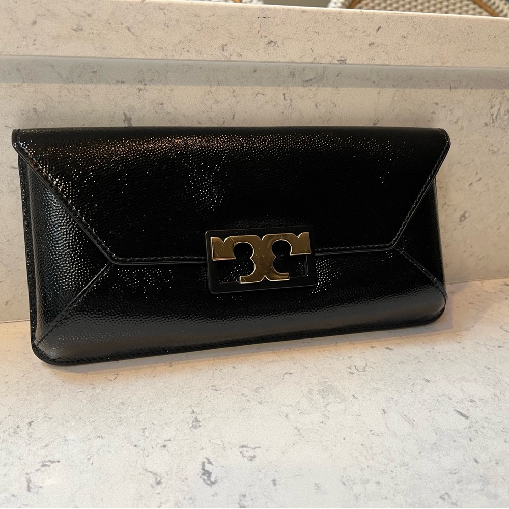 Tory Burch Black Patent Clutch with Gold Buckle